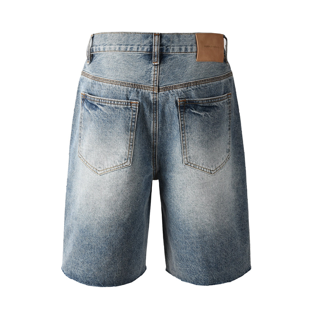 Purple Jeans Men’s Blue Denim Shorts with Rhinestone Sunburst Design and Raw Hem 5100