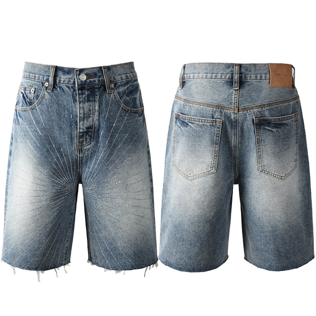 Purple Jeans Men’s Blue Denim Shorts with Rhinestone Sunburst Design and Raw Hem 5100