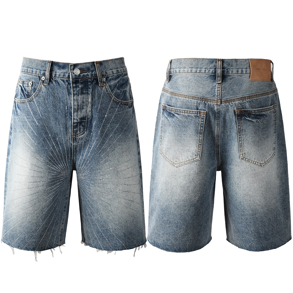 Purple Jeans Men’s Blue Denim Shorts with Rhinestone Sunburst Design and Raw Hem 5100