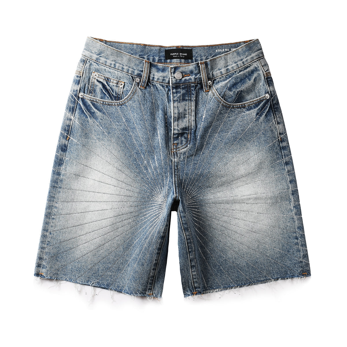 Purple Jeans Men’s Blue Denim Shorts with Rhinestone Sunburst Design and Raw Hem 5100