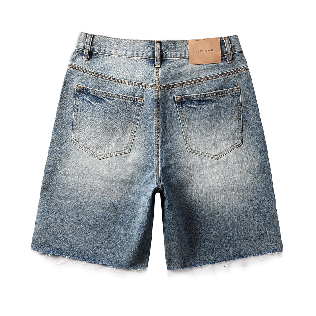 Purple Jeans Men’s Blue Denim Shorts with Rhinestone Sunburst Design and Raw Hem 5100