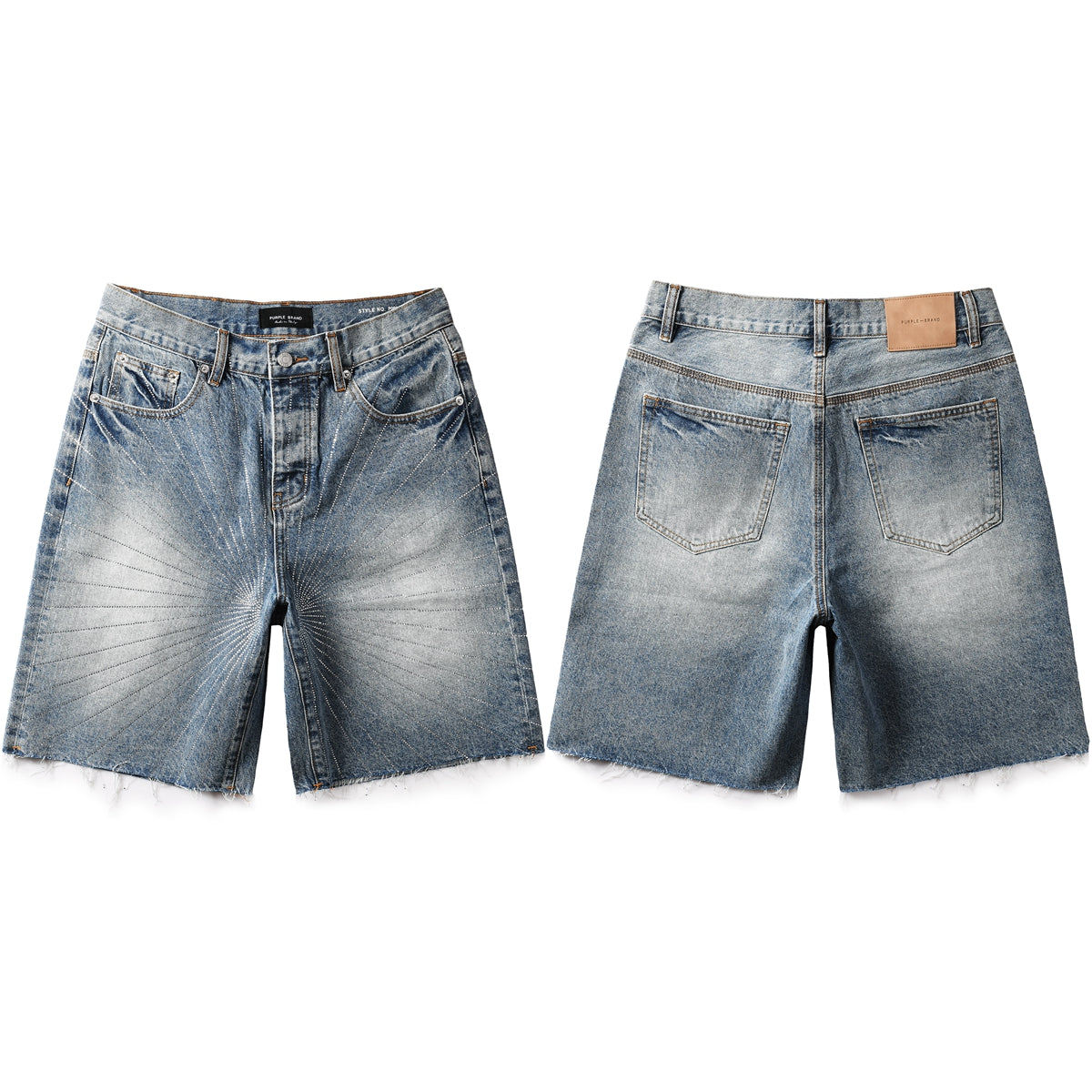 Purple Jeans Men’s Blue Denim Shorts with Rhinestone Sunburst Design and Raw Hem 5100