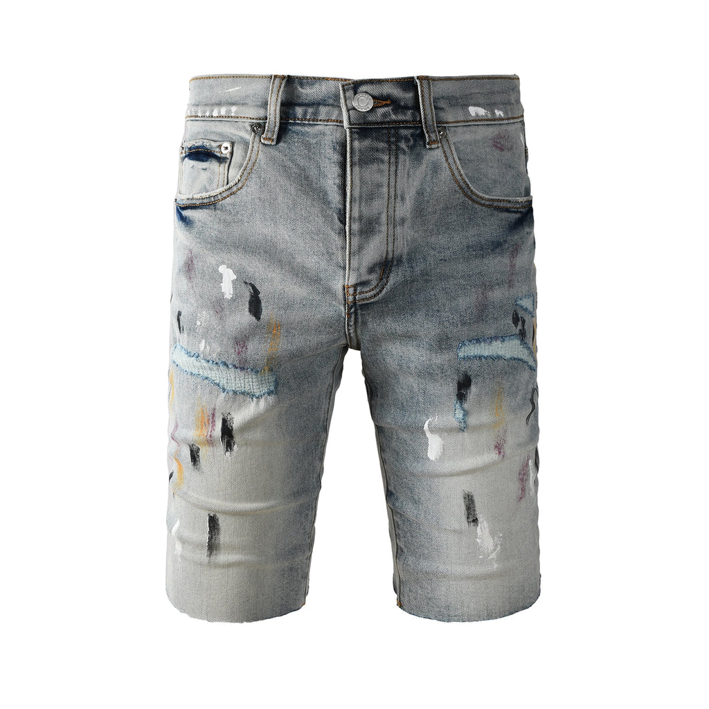 Purple Jeans Men’s Light Blue Paint Splatter Denim Shorts with Distressed Streetwear Look 5101