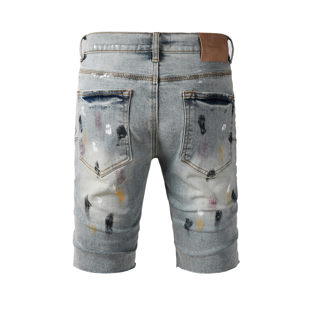 Purple Jeans Men’s Light Blue Paint Splatter Denim Shorts with Distressed Streetwear Look 5101