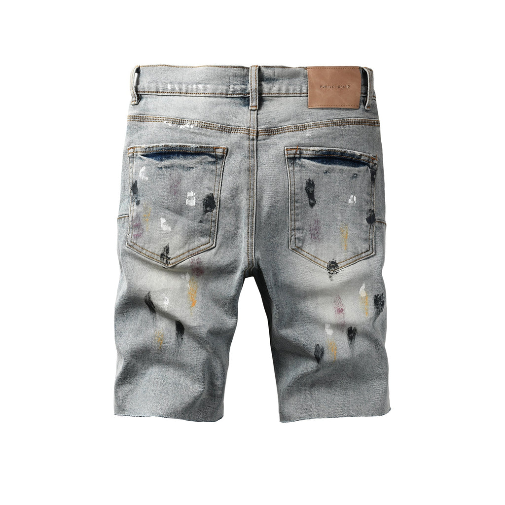 Purple Jeans Men’s Light Blue Paint Splatter Denim Shorts with Distressed Streetwear Look 5101