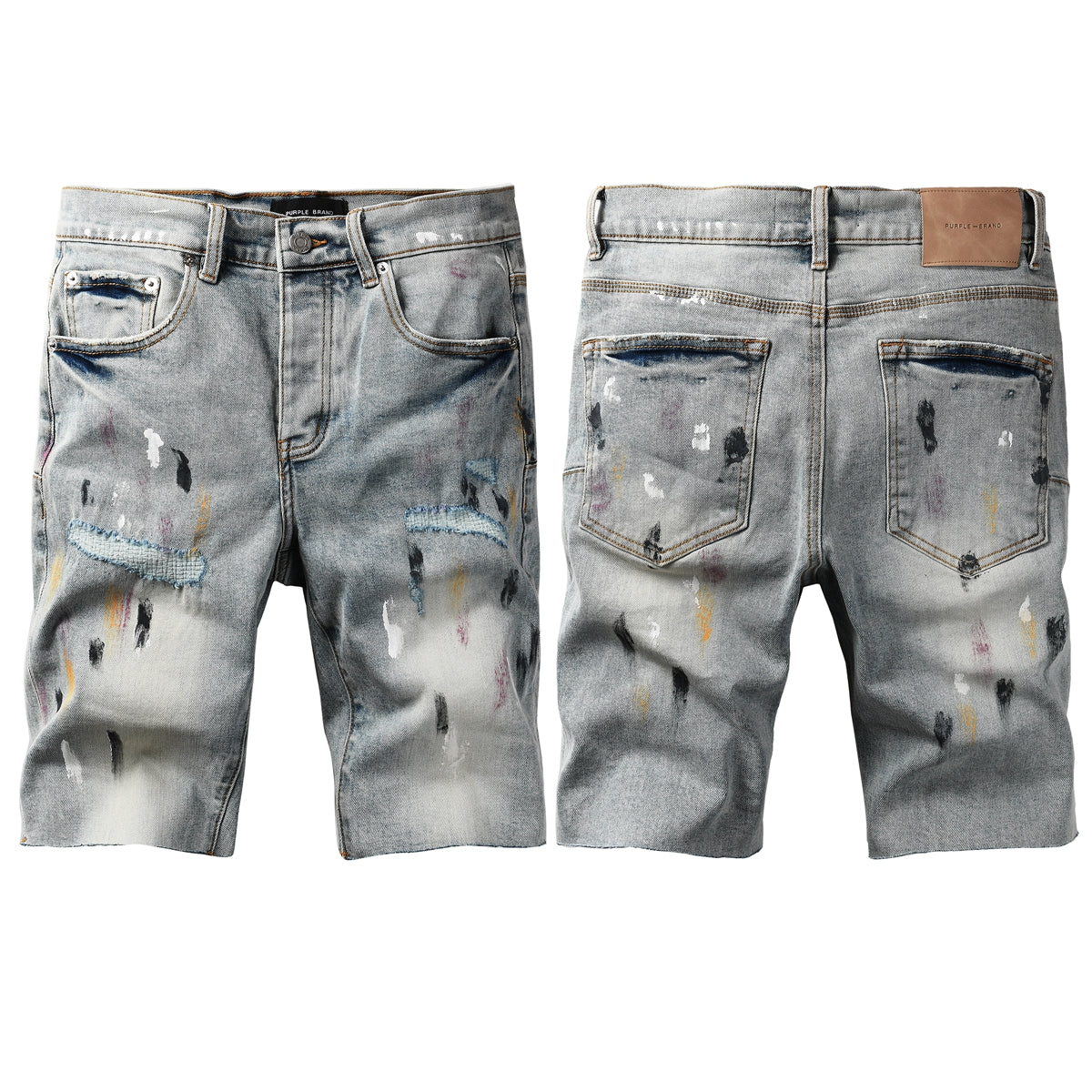 Purple Jeans Men’s Light Blue Paint Splatter Denim Shorts with Distressed Streetwear Look 5101