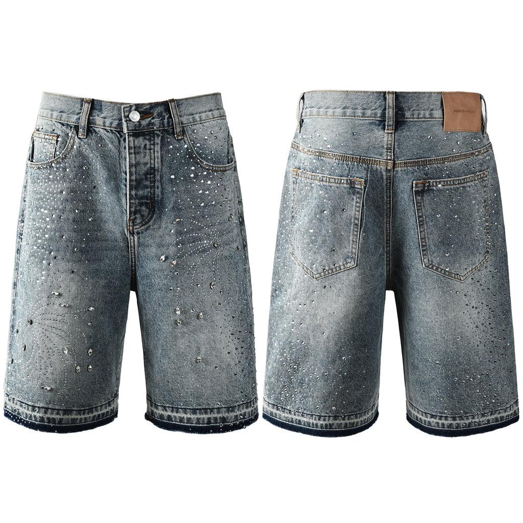Purple Jeans Luxury Hip Hop Denim Shorts with Glittering Rhinestone Embellishments and Vintage Washed Look 5102