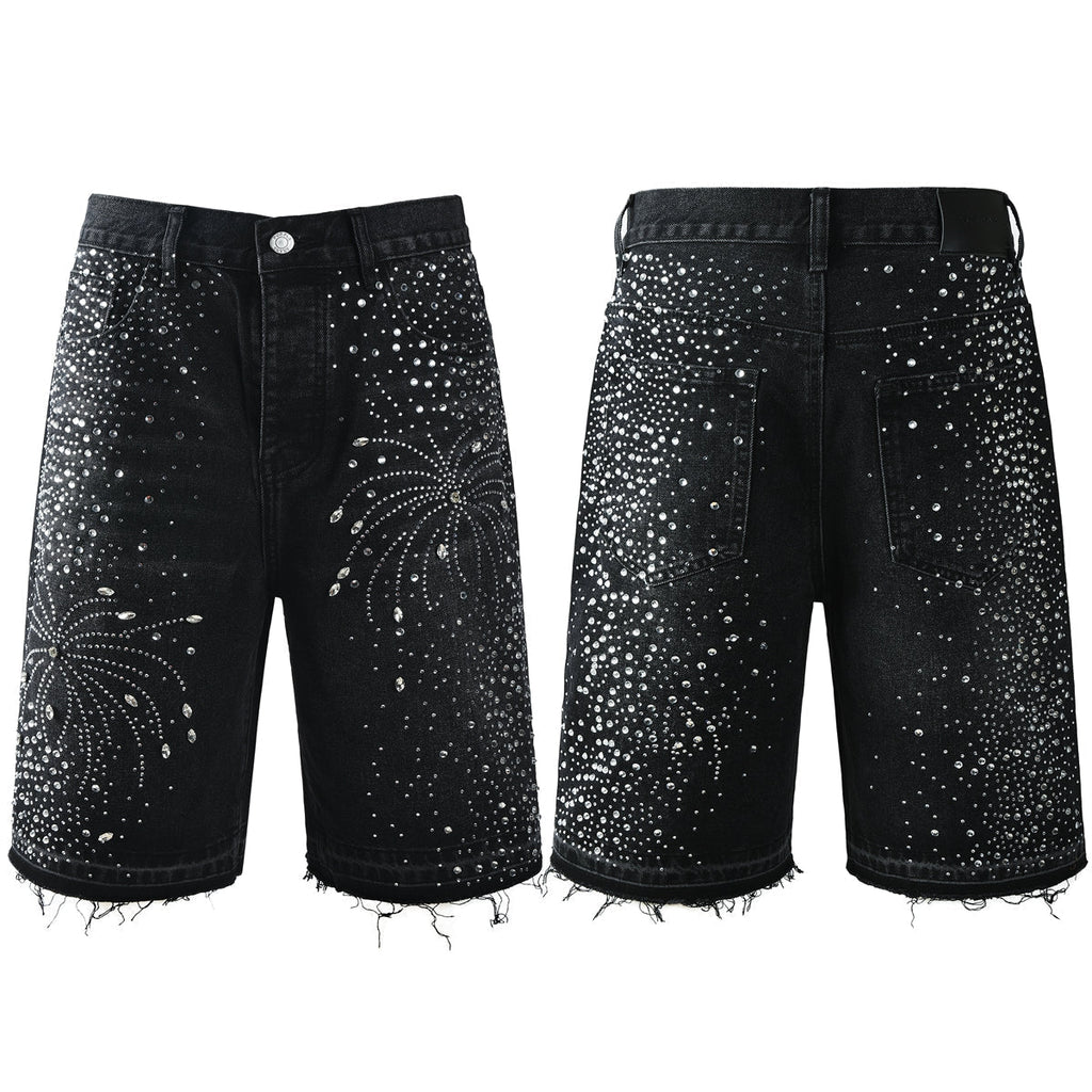 Purple Jeans Men’s Black Rhinestone Denim Shorts with Firework Crystal Design 5103