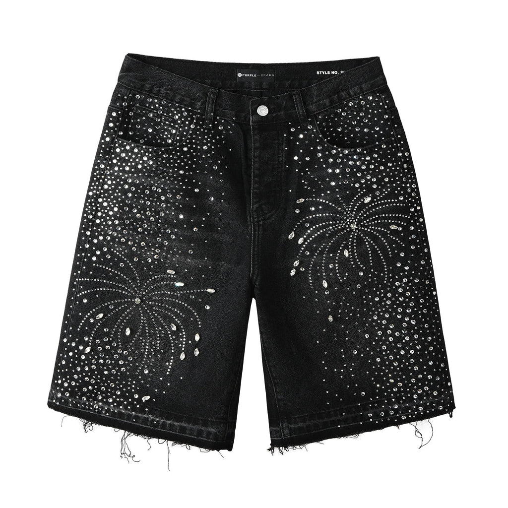 Purple Jeans Men’s Black Rhinestone Denim Shorts with Firework Crystal Design 5103
