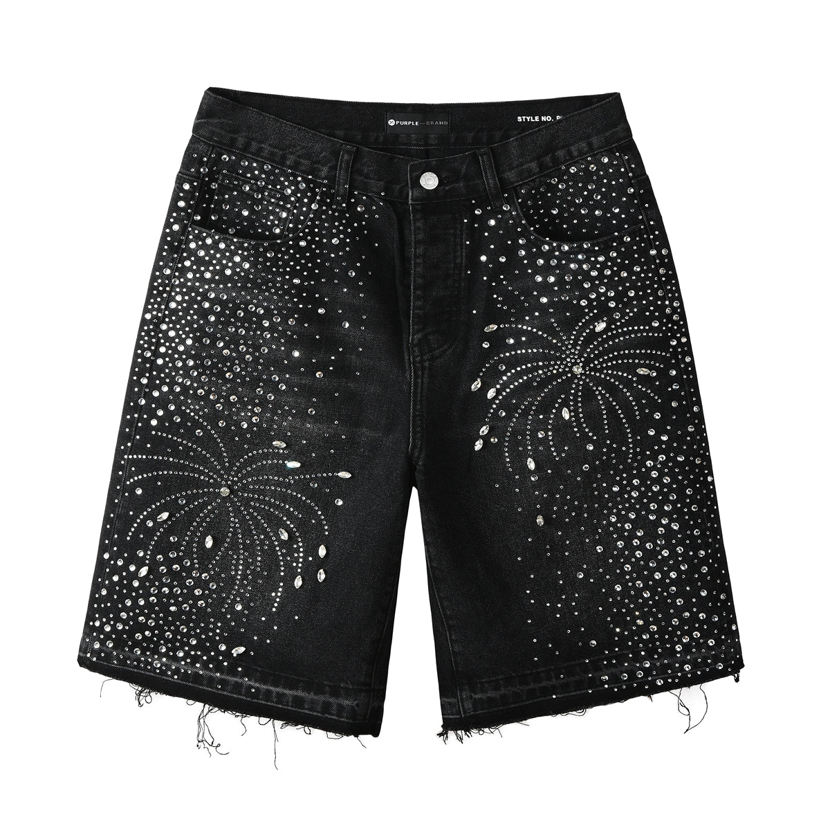 Purple Jeans Men’s Black Rhinestone Denim Shorts with Firework Crystal Design 5103