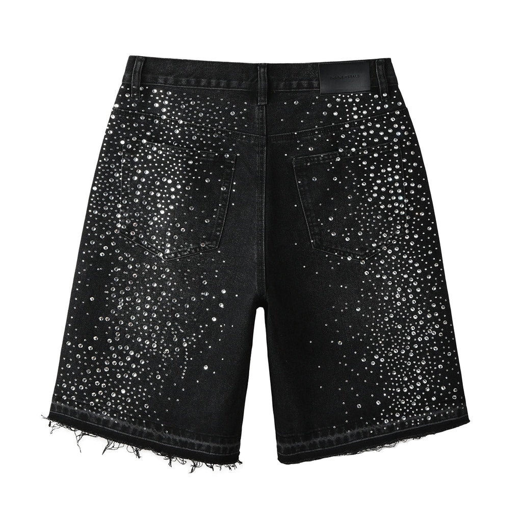 Purple Jeans Men’s Black Rhinestone Denim Shorts with Firework Crystal Design 5103