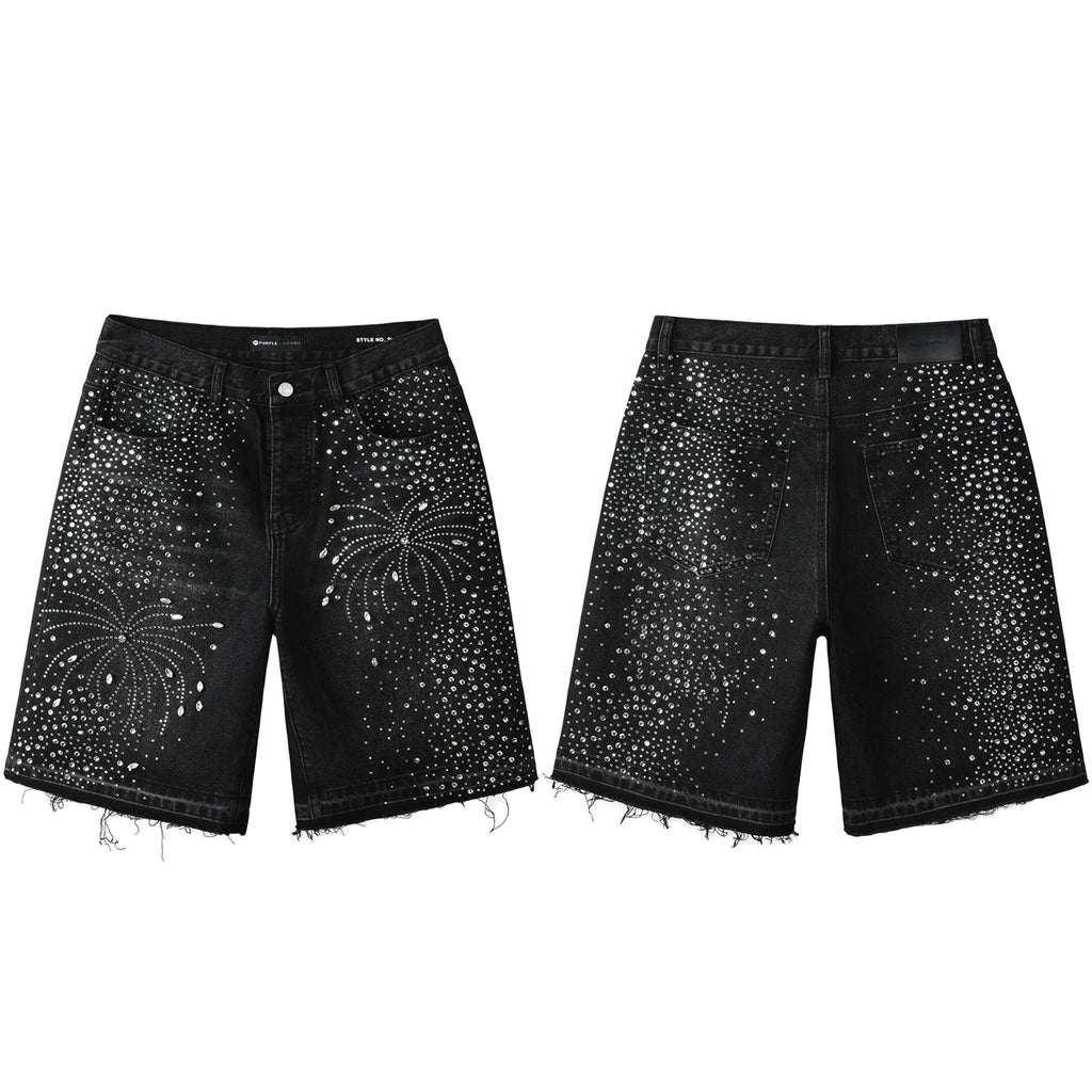Purple Jeans Men’s Black Rhinestone Denim Shorts with Firework Crystal Design 5103