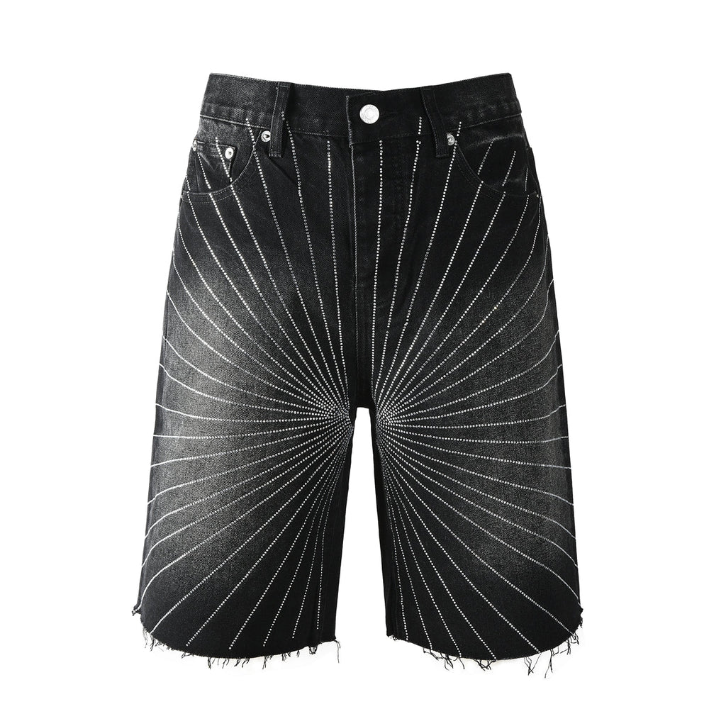 Purple Jeans Men’s Black Denim Shorts with Radiating Studded Stripe Design Raw Hem Streetwear Style 5104