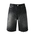 Purple Jeans Men’s Black Denim Shorts with Radiating Studded Stripe Design Raw Hem Streetwear Style 5104