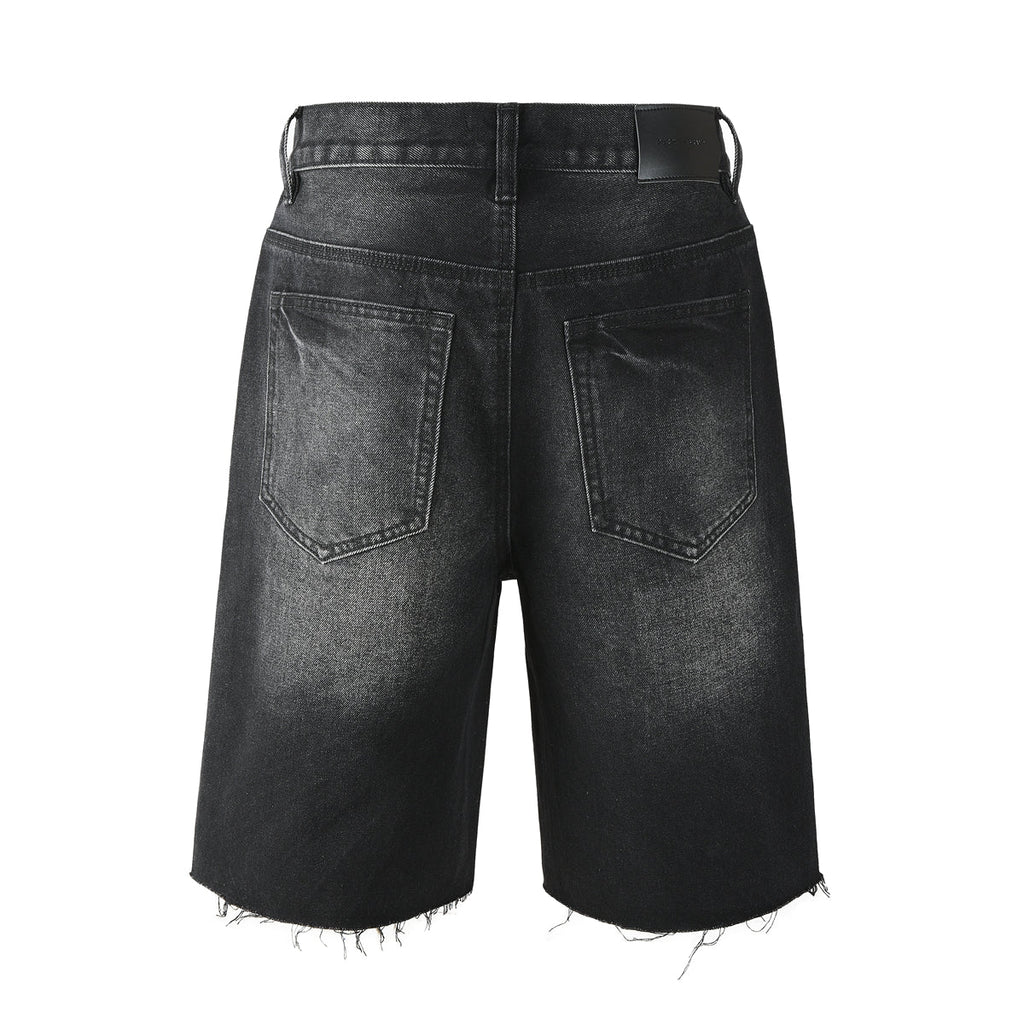 Purple Jeans Men’s Black Denim Shorts with Radiating Studded Stripe Design Raw Hem Streetwear Style 5104