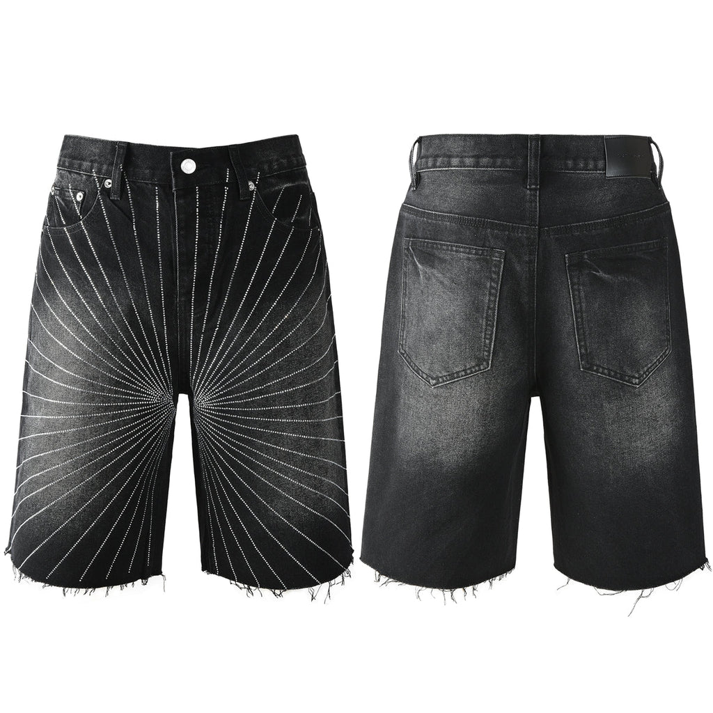 Purple Jeans Men’s Black Denim Shorts with Radiating Studded Stripe Design Raw Hem Streetwear Style 5104