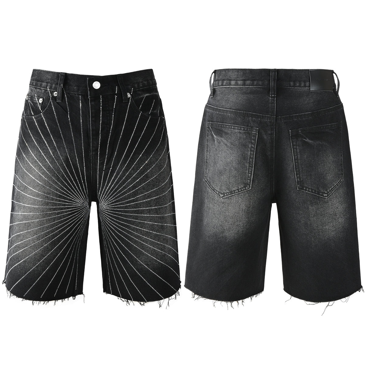 Purple Jeans Men’s Black Denim Shorts with Radiating Studded Stripe Design Raw Hem Streetwear Style 5104