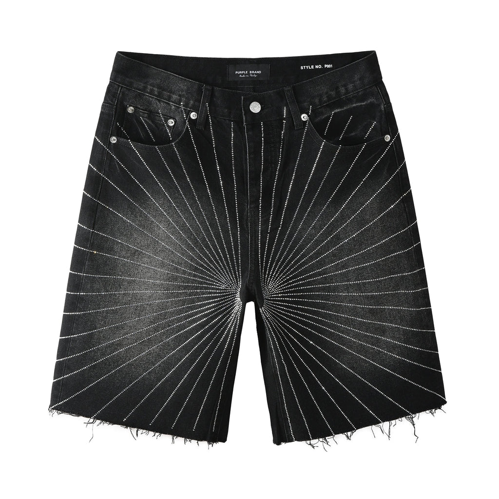 Purple Jeans Men’s Black Denim Shorts with Radiating Studded Stripe Design Raw Hem Streetwear Style 5104