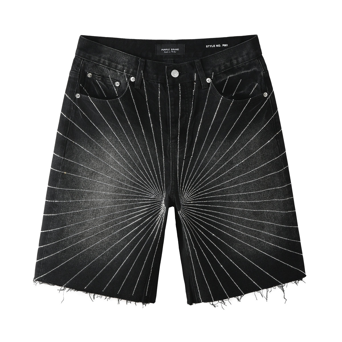 Purple Jeans Men’s Black Denim Shorts with Radiating Studded Stripe Design Raw Hem Streetwear Style 5104
