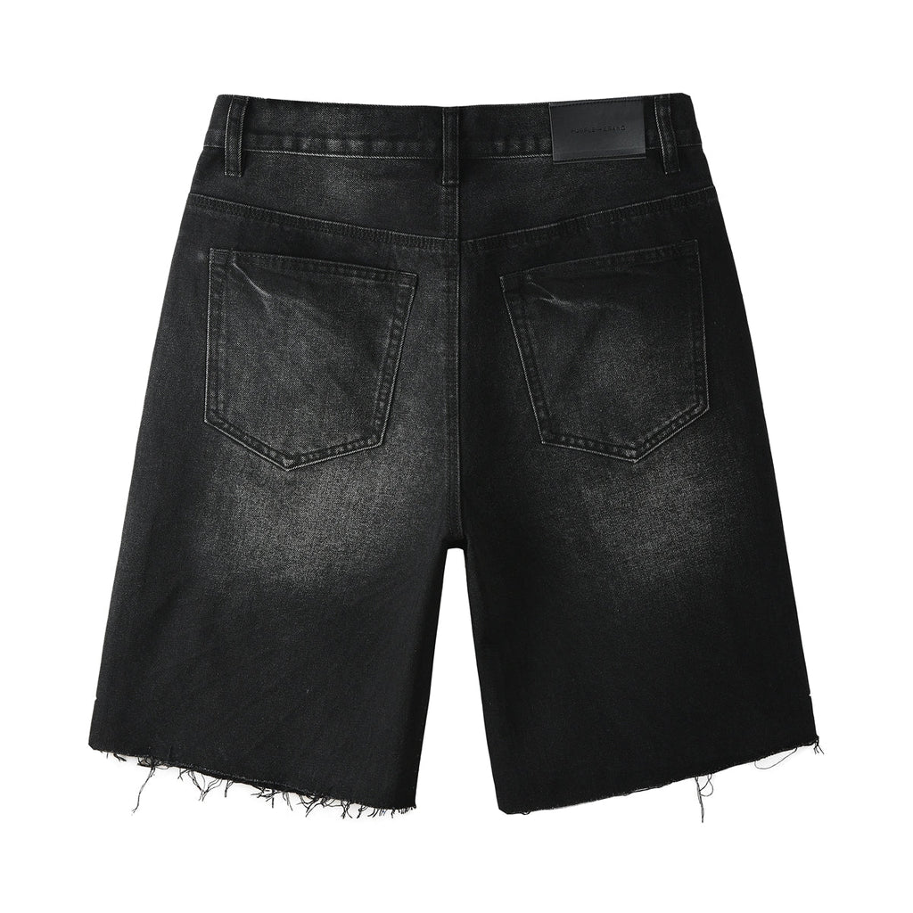Purple Jeans Men’s Black Denim Shorts with Radiating Studded Stripe Design Raw Hem Streetwear Style 5104