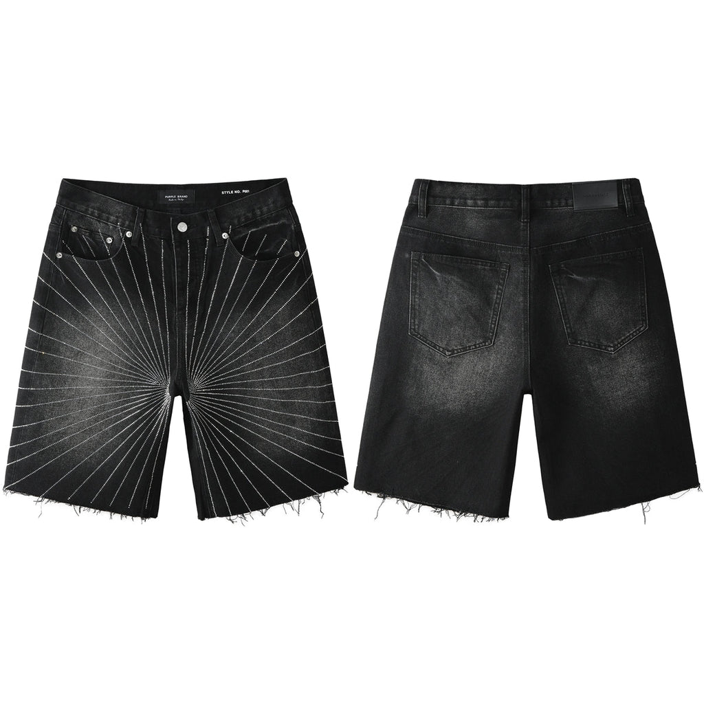 Purple Jeans Men’s Black Denim Shorts with Radiating Studded Stripe Design Raw Hem Streetwear Style 5104