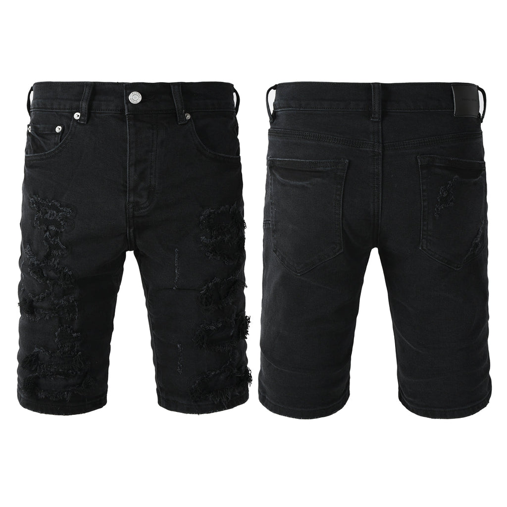 Purple Jeans Edgy Distressed Black Denim Shorts with Destroyed Rips for Men’s Summer Fashion 5108
