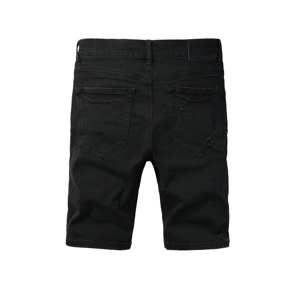 Purple Jeans Edgy Distressed Black Denim Shorts with Destroyed Rips for Men’s Summer Fashion 5108