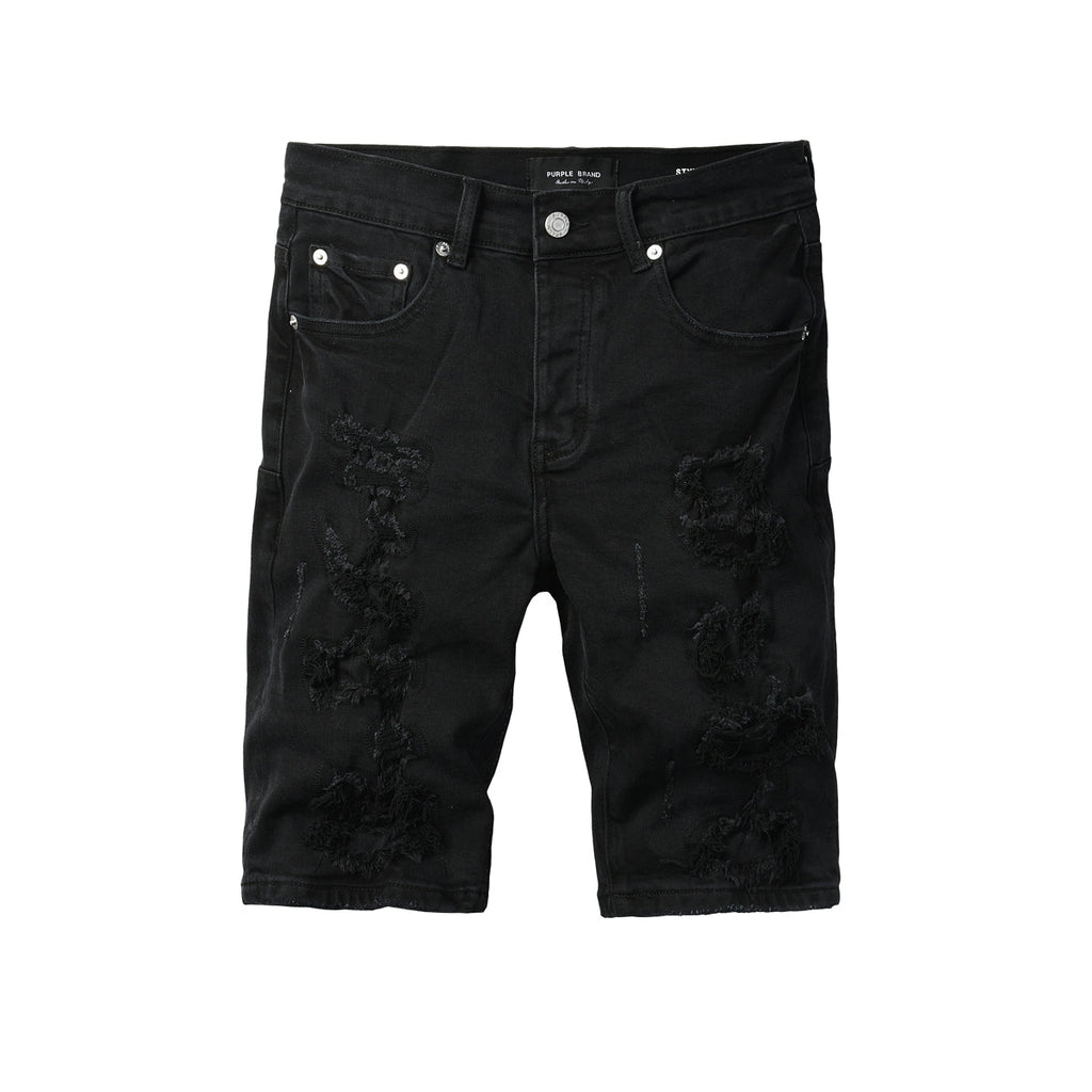 Purple Jeans Edgy Distressed Black Denim Shorts with Destroyed Rips for Men’s Summer Fashion 5108