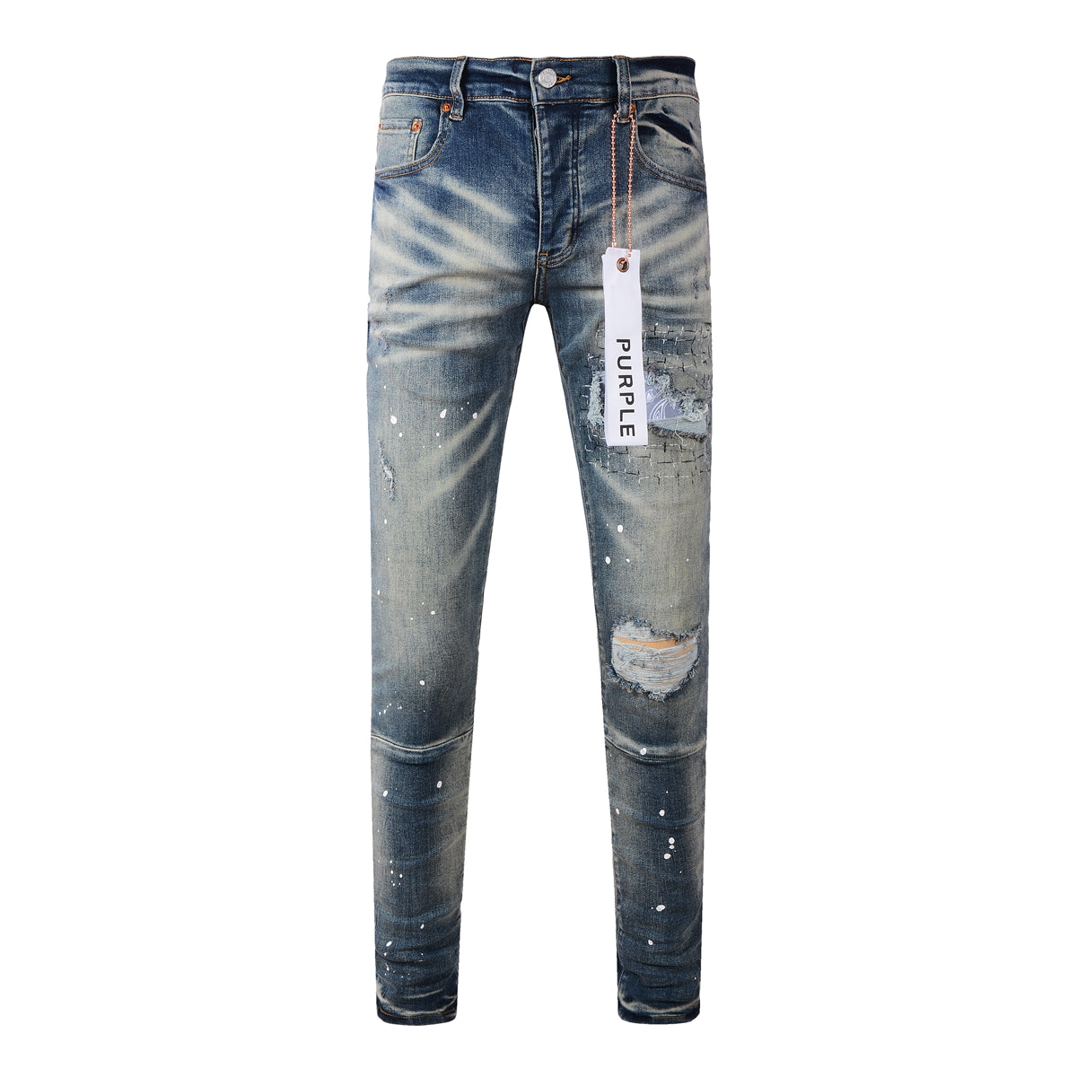 Purple Men Streetwear Jeans Distressed Blue Patch Paint Skinny Fit 9025