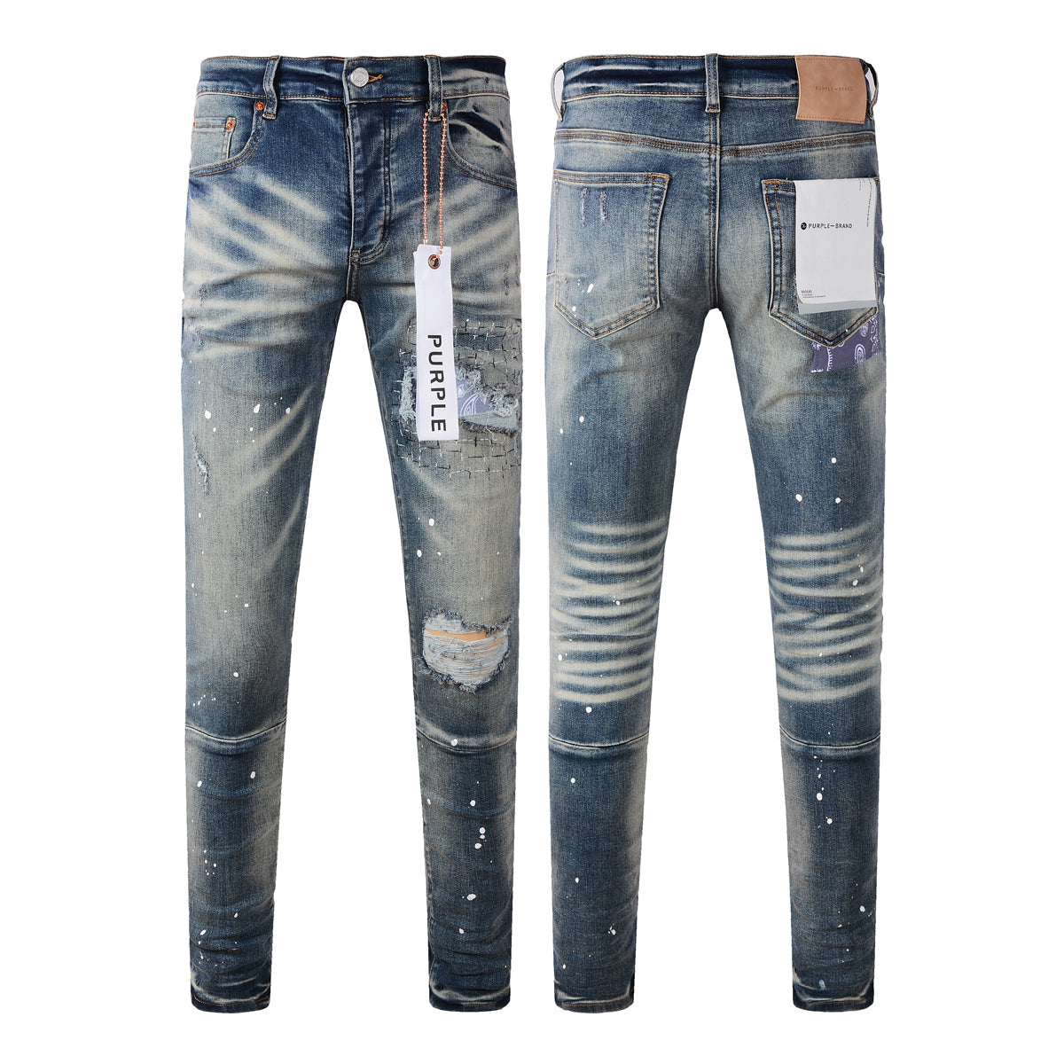 Purple Men Streetwear Jeans Distressed Blue Patch Paint Skinny Fit 9025