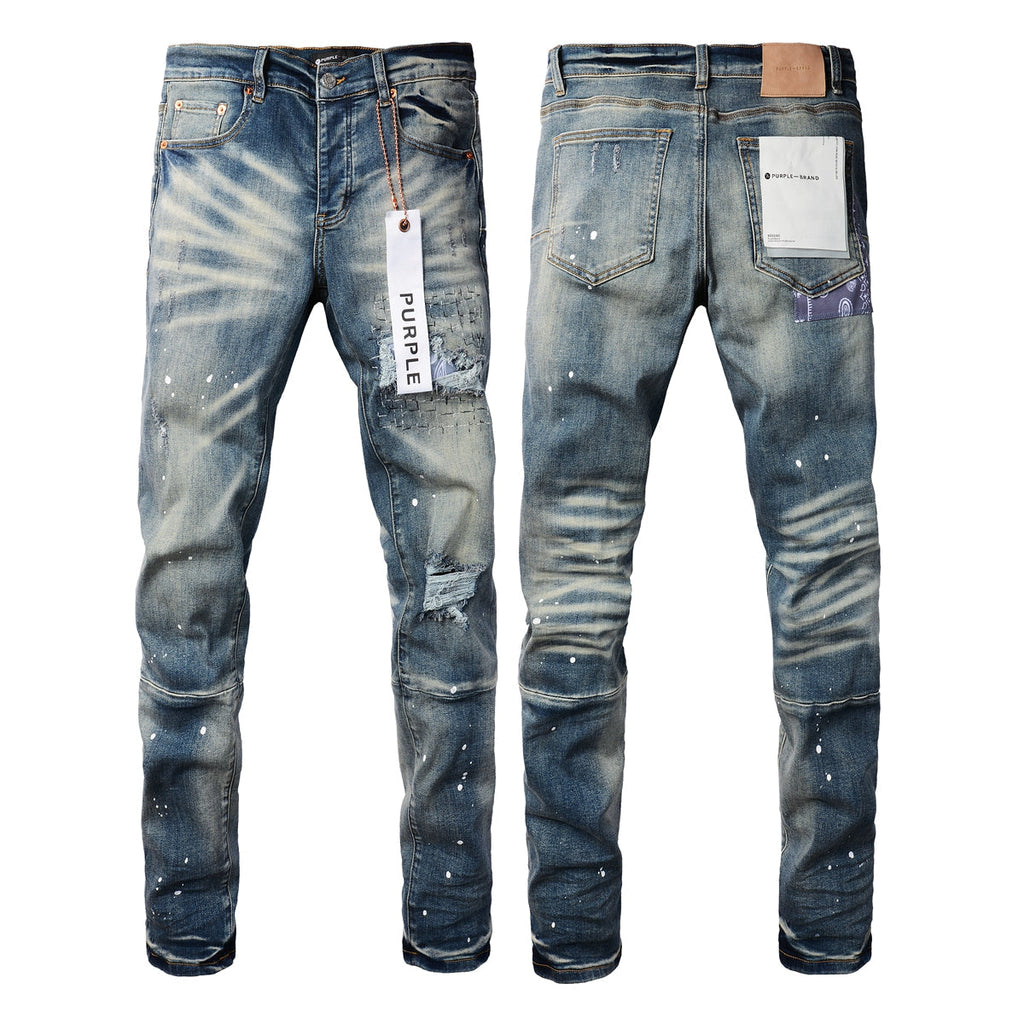 Purple Men Streetwear Jeans Distressed Blue Patch Paint Skinny Fit 9025
