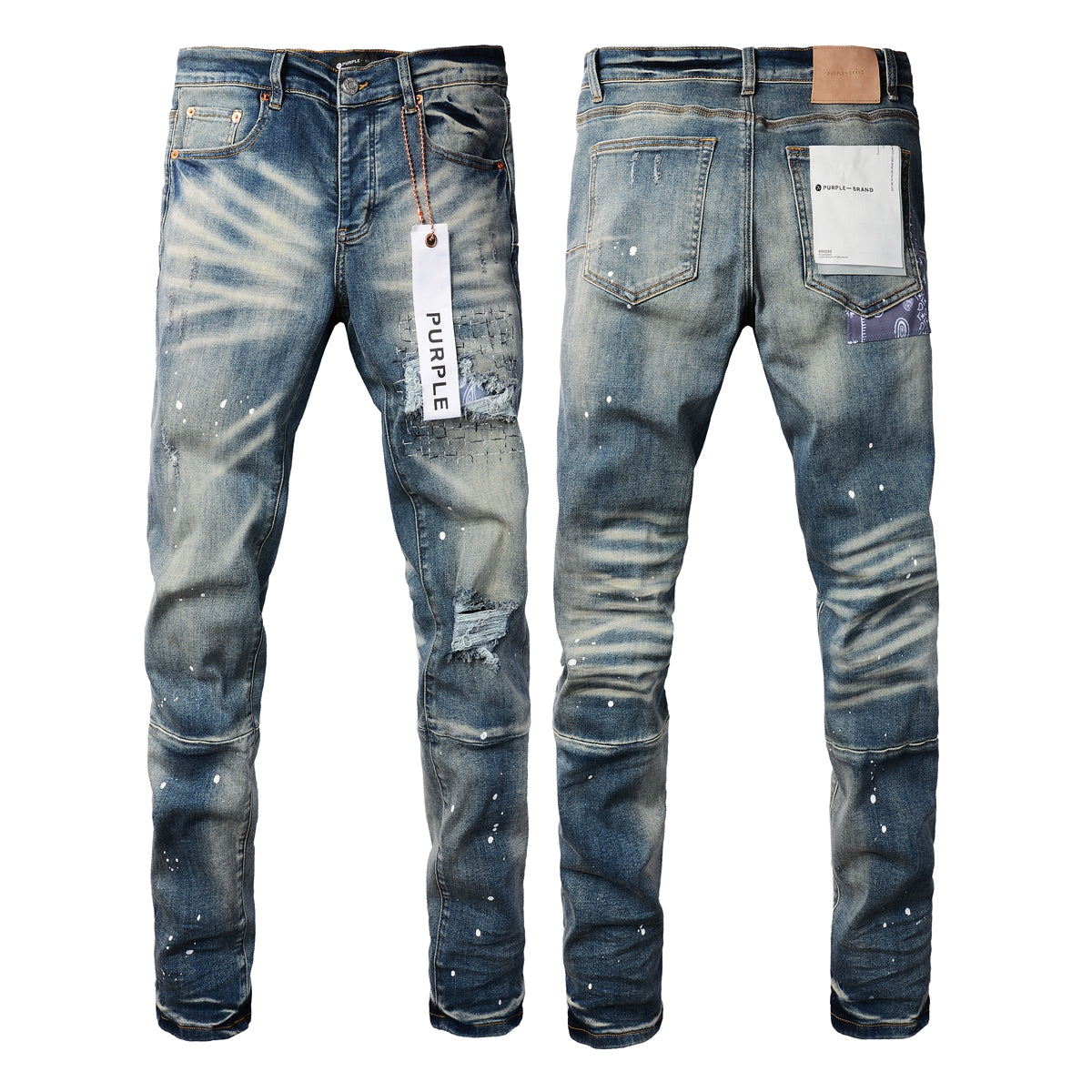 Purple Men Streetwear Jeans Distressed Blue Patch Paint Skinny Fit 9025