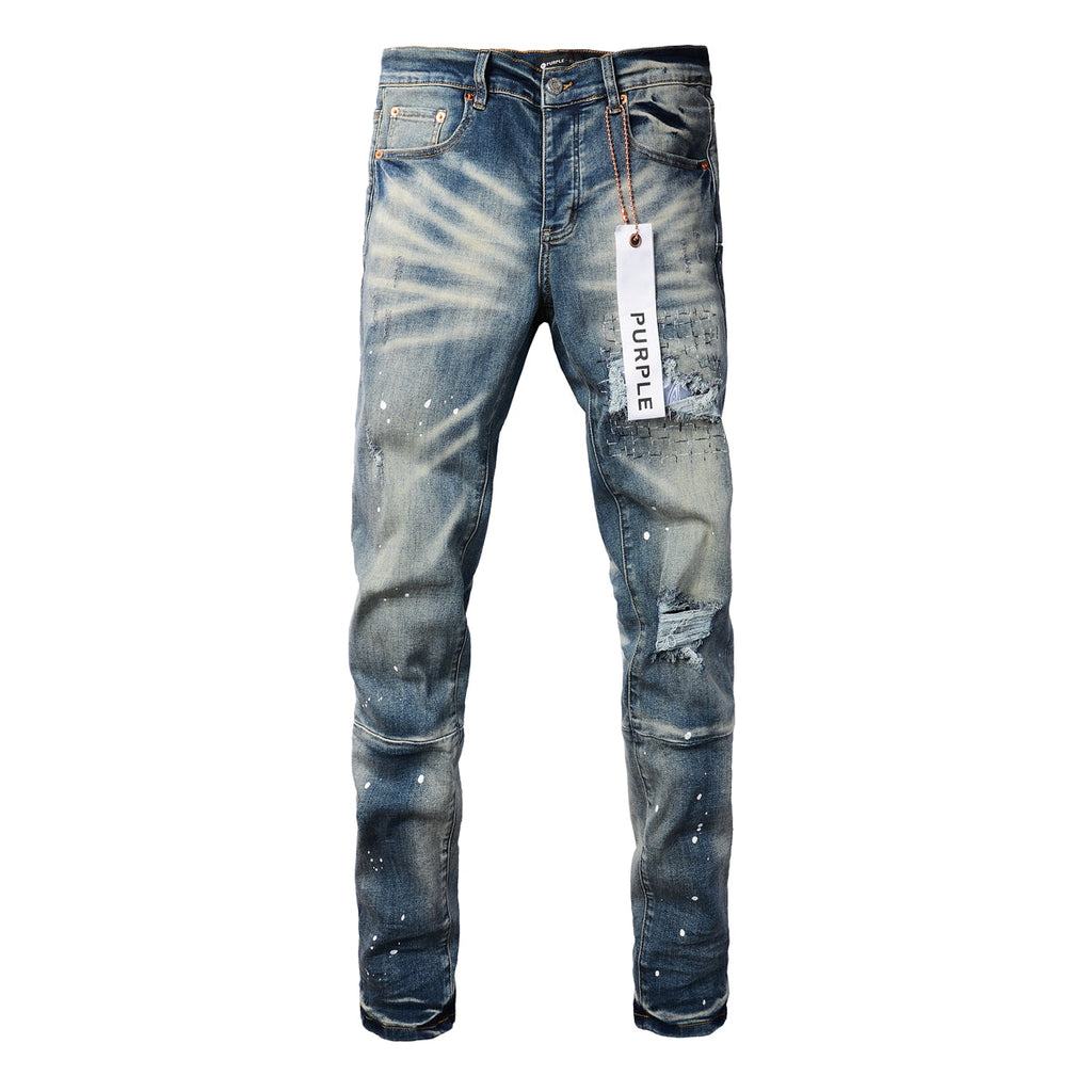 Purple Men Streetwear Jeans Distressed Blue Patch Paint Skinny Fit 9025