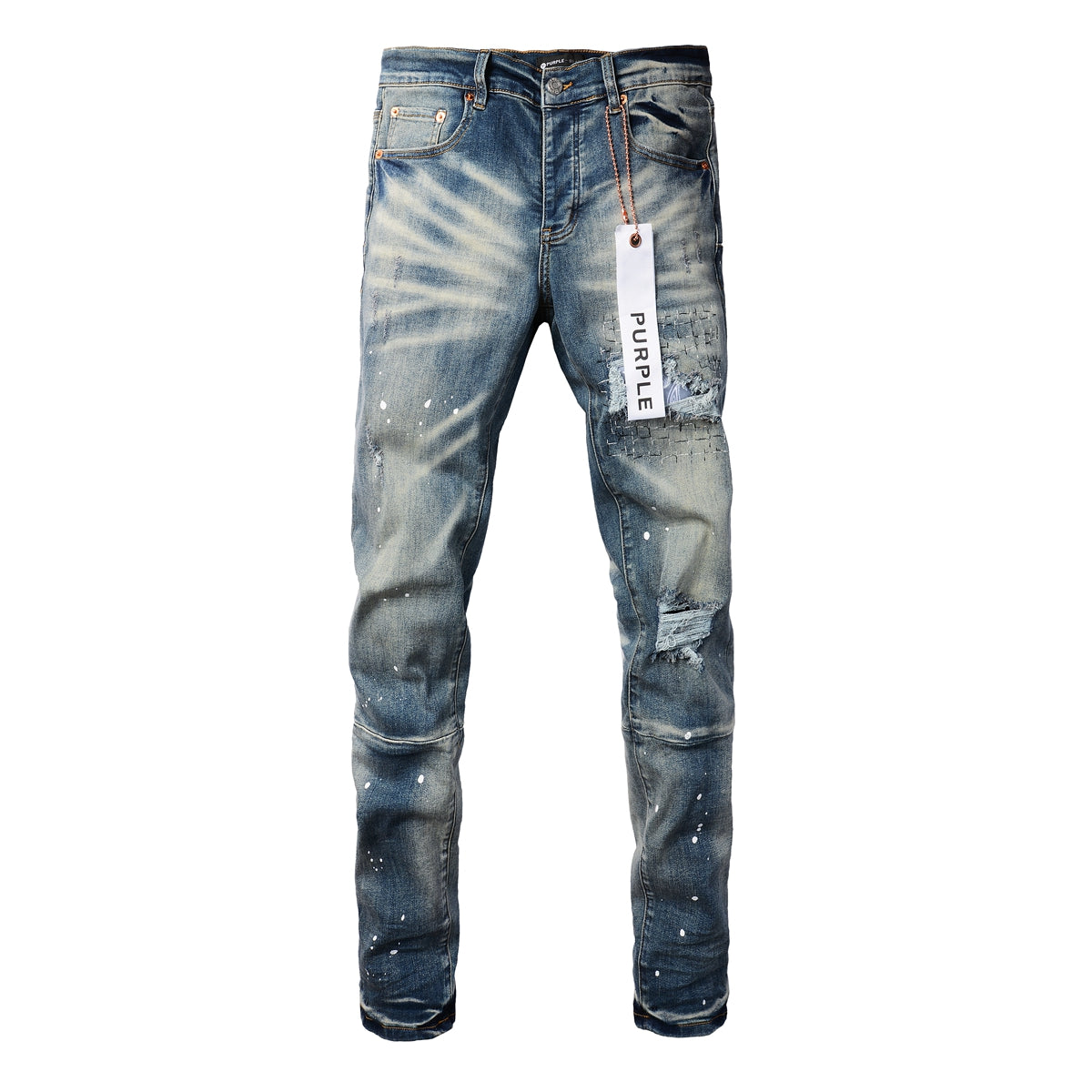 Purple Men Streetwear Jeans Distressed Blue Patch Paint Skinny Fit 9025