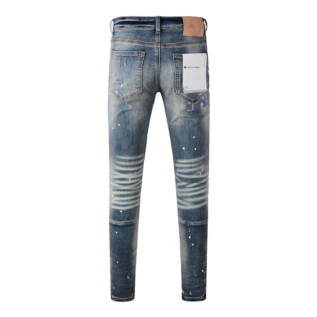 Purple Men Streetwear Jeans Distressed Blue Patch Paint Skinny Fit 9025