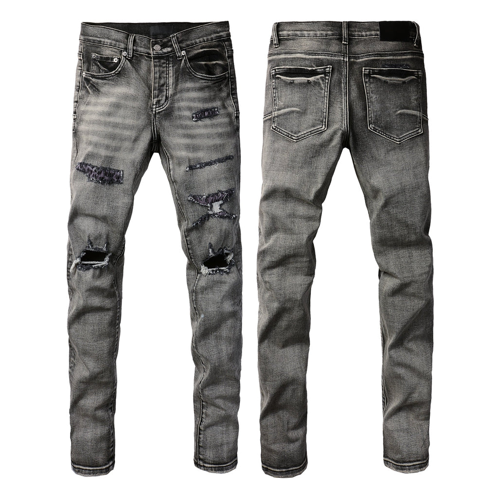 Purple Jeans Men Classic Streetwear Jeans Distressed Black Grey Ripped Skinny 9068