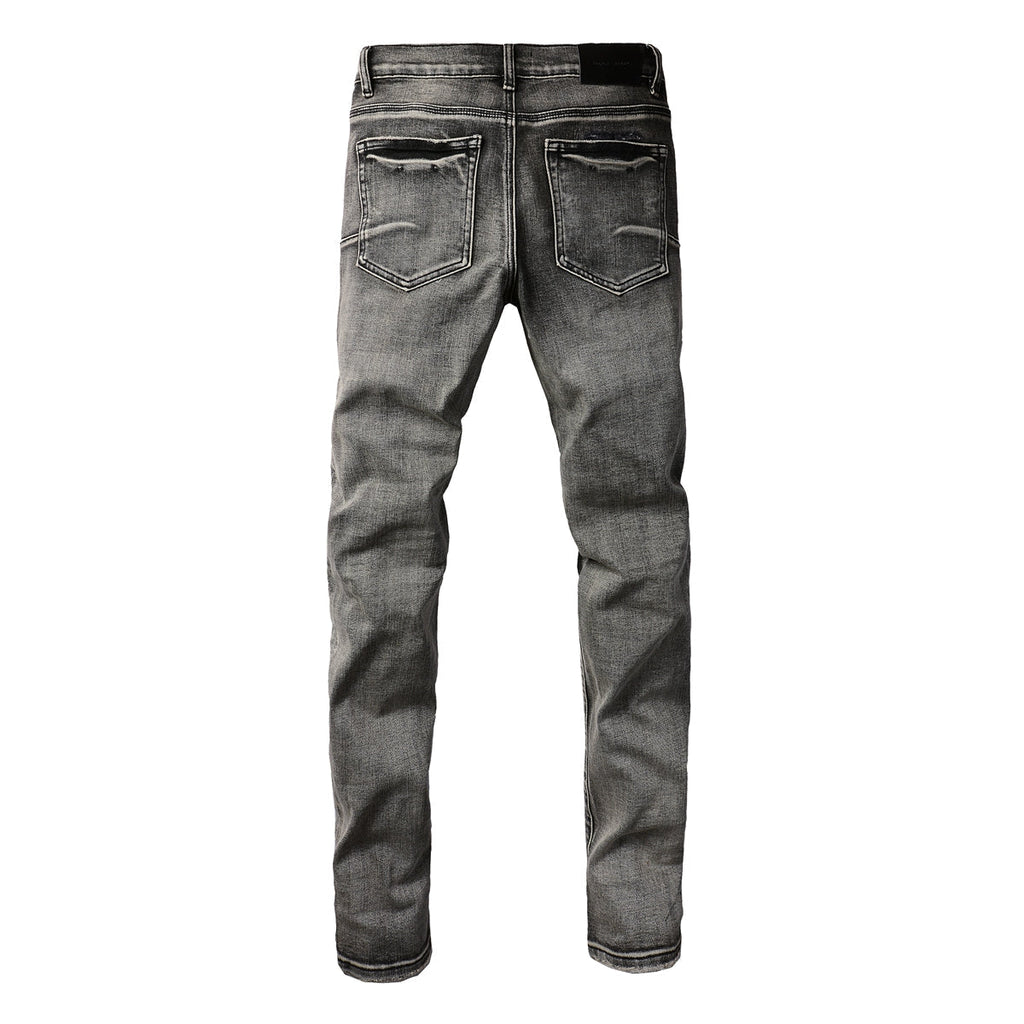 Purple Jeans Men Classic Streetwear Jeans Distressed Black Grey Ripped Skinny 9068