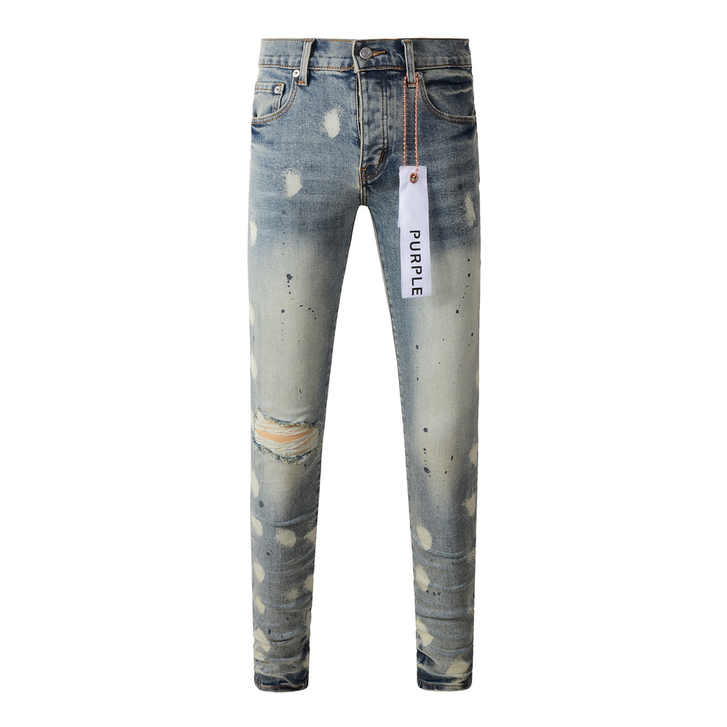 Purple Jeans Men Streetwear Jeans Distressed Light Blue Paint Dot Ripped Skinny 9092