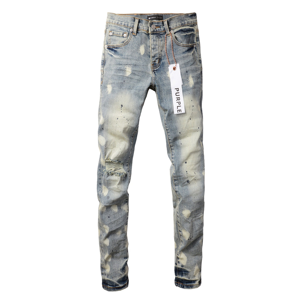Purple Jeans Men Streetwear Jeans Distressed Light Blue Paint Dot Ripped Skinny 9092