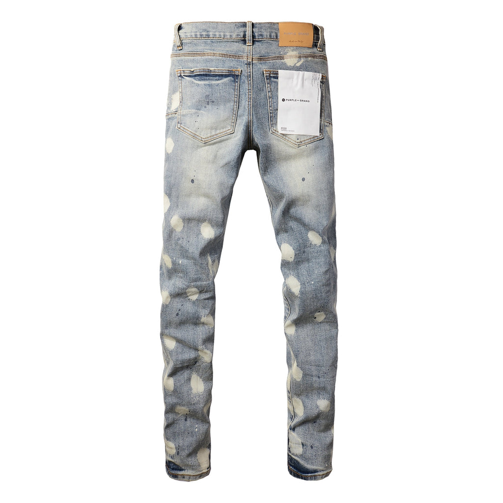 Purple Jeans Men Streetwear Jeans Distressed Light Blue Paint Dot Ripped Skinny 9092