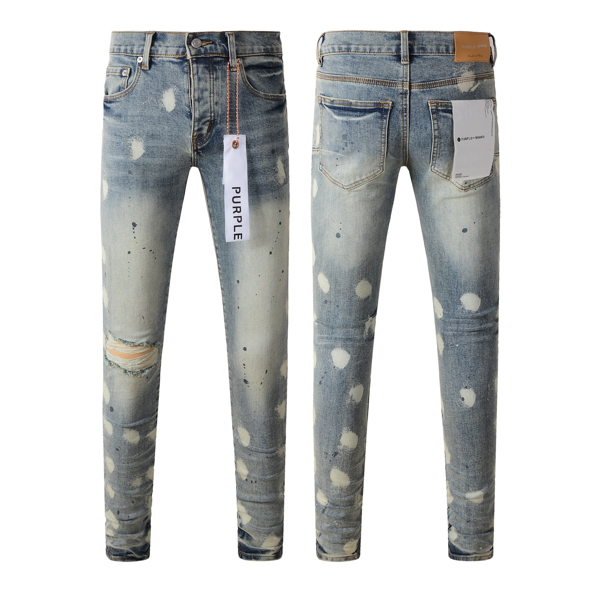 Purple Jeans Men Streetwear Jeans Distressed Light Blue Paint Dot Ripped Skinny 9092