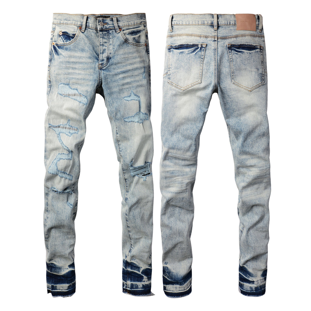 Purple Jeans Men Streetwear Jeans Distressed Light Blue Abstract Ripped Skinny 9093