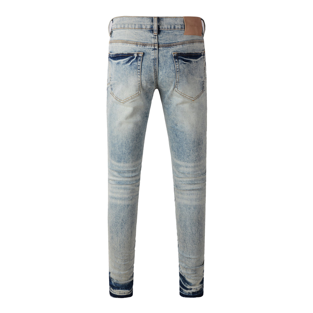 Purple Jeans Men Streetwear Jeans Distressed Light Blue Abstract Ripped Skinny 9093