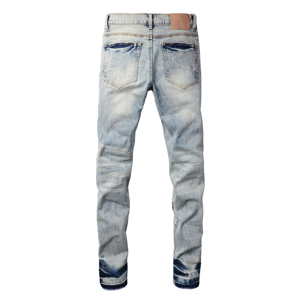 Purple Jeans Men Streetwear Jeans Distressed Light Blue Abstract Ripped Skinny 9093