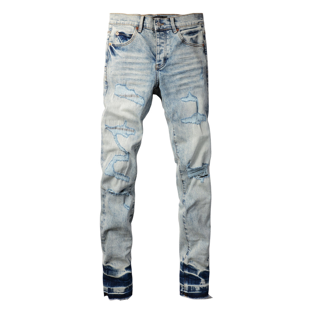 Purple Jeans Men Streetwear Jeans Distressed Light Blue Abstract Ripped Skinny 9093