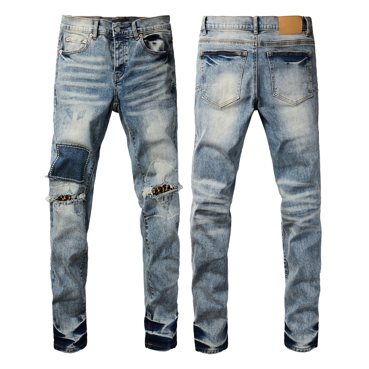 Purple Jeans Men Streetwear Jeans Distressed Light Blue Patch Leopard Ripped Skinny 9095
