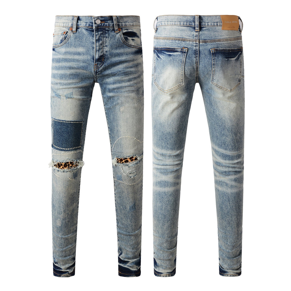 Purple Jeans Men Streetwear Jeans Distressed Light Blue Patch Leopard Ripped Skinny 9095