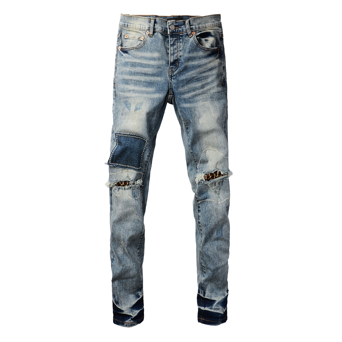 Purple Jeans Men Streetwear Jeans Distressed Light Blue Patch Leopard Ripped Skinny 9095