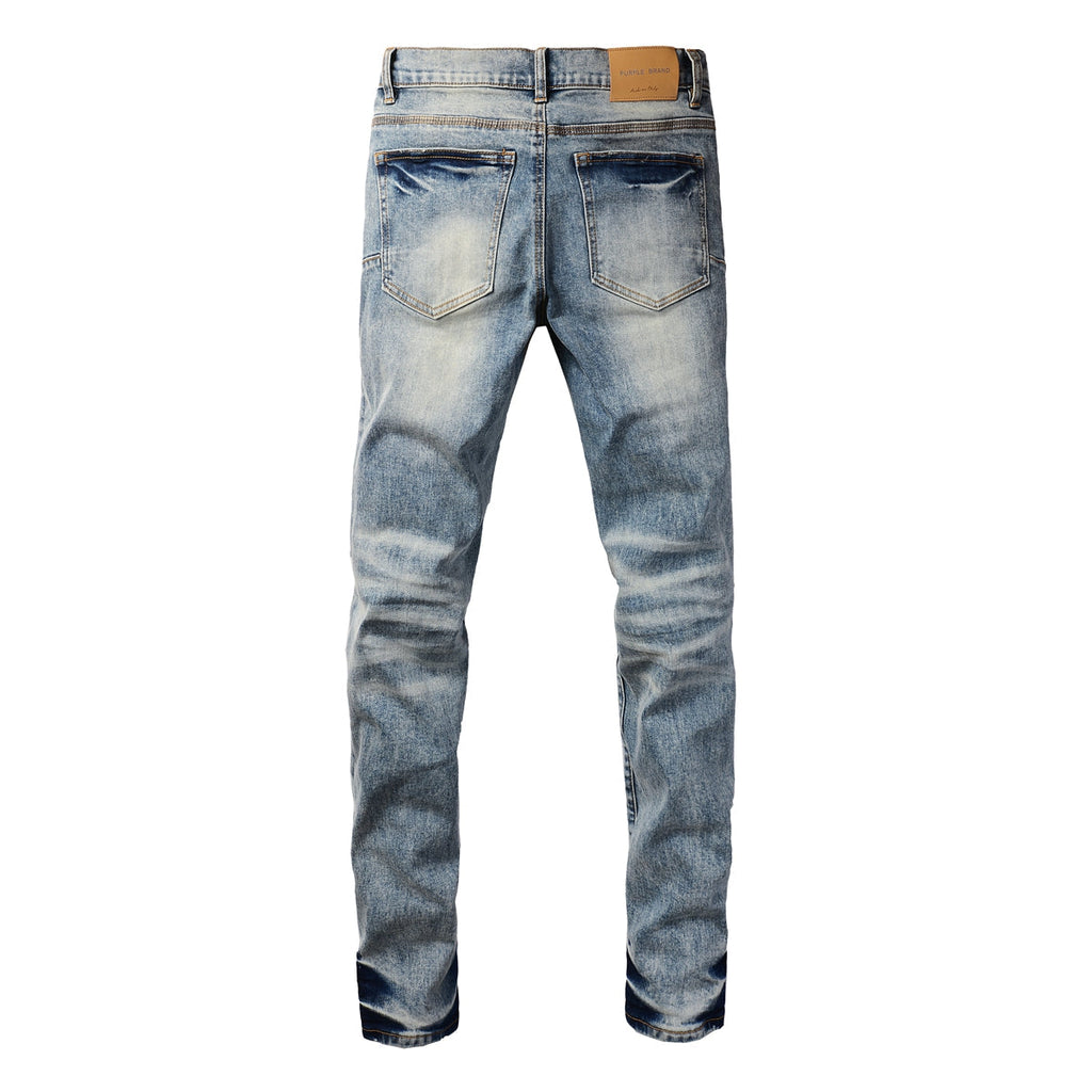 Purple Jeans Men Streetwear Jeans Distressed Light Blue Patch Leopard Ripped Skinny 9095
