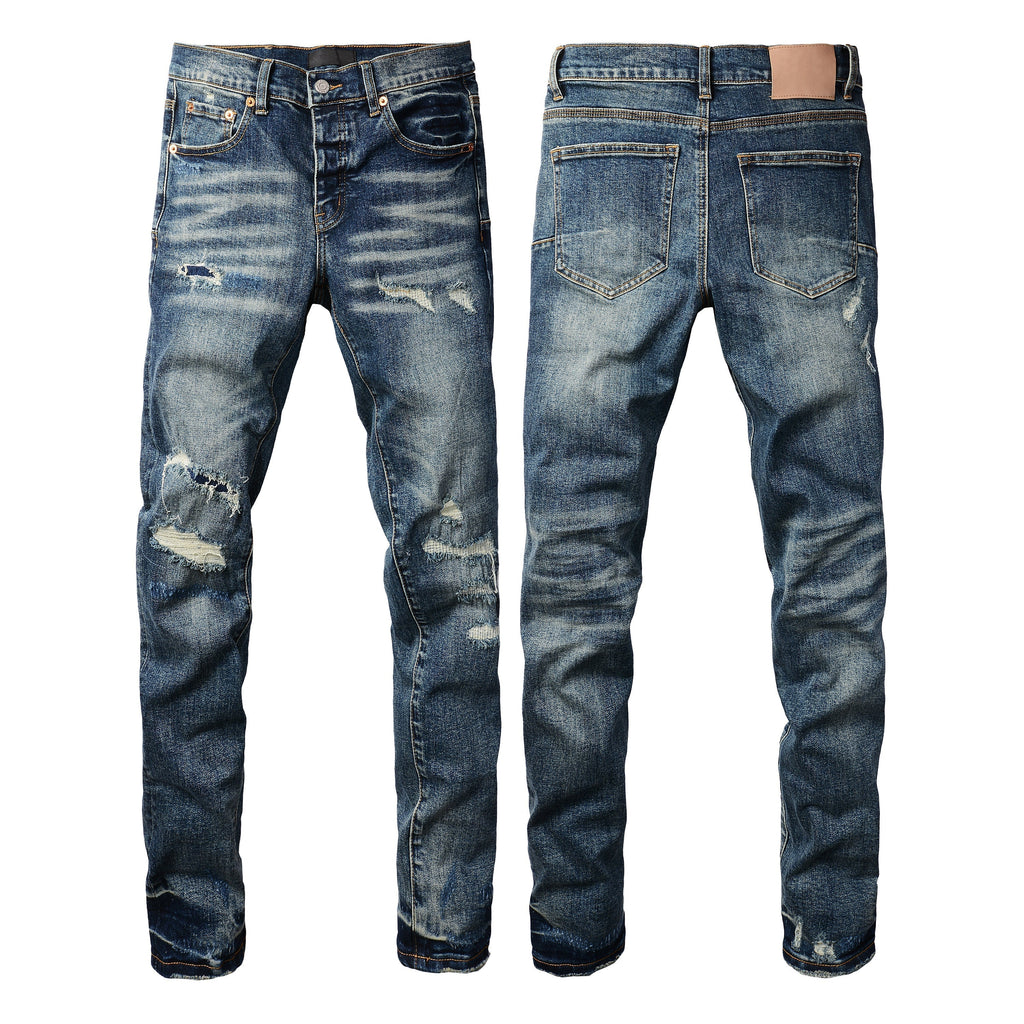 Purple Jeans Men Classic Streetwear Jeans Distressed Dark Blue Ripped Skinny 9096